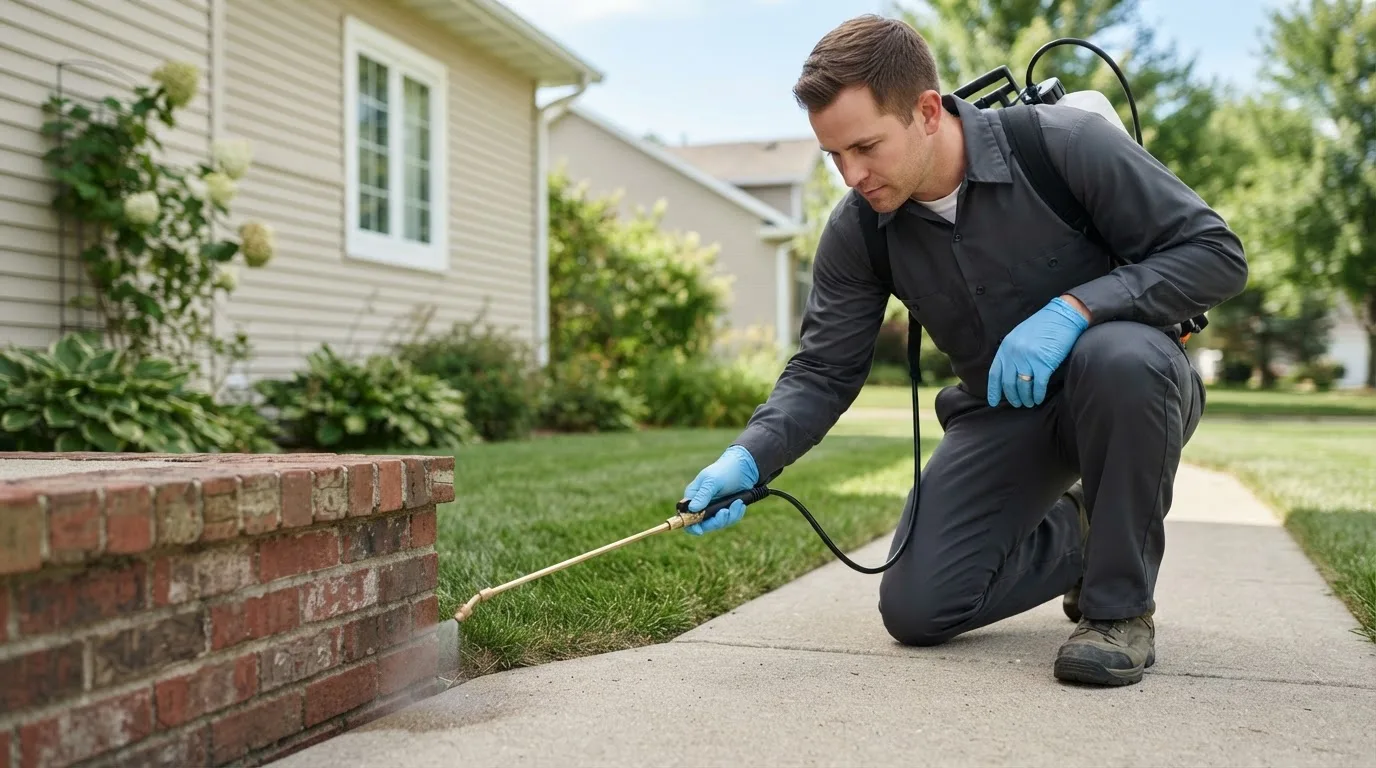 Pest control technician treating a home near Long Bottom, OH