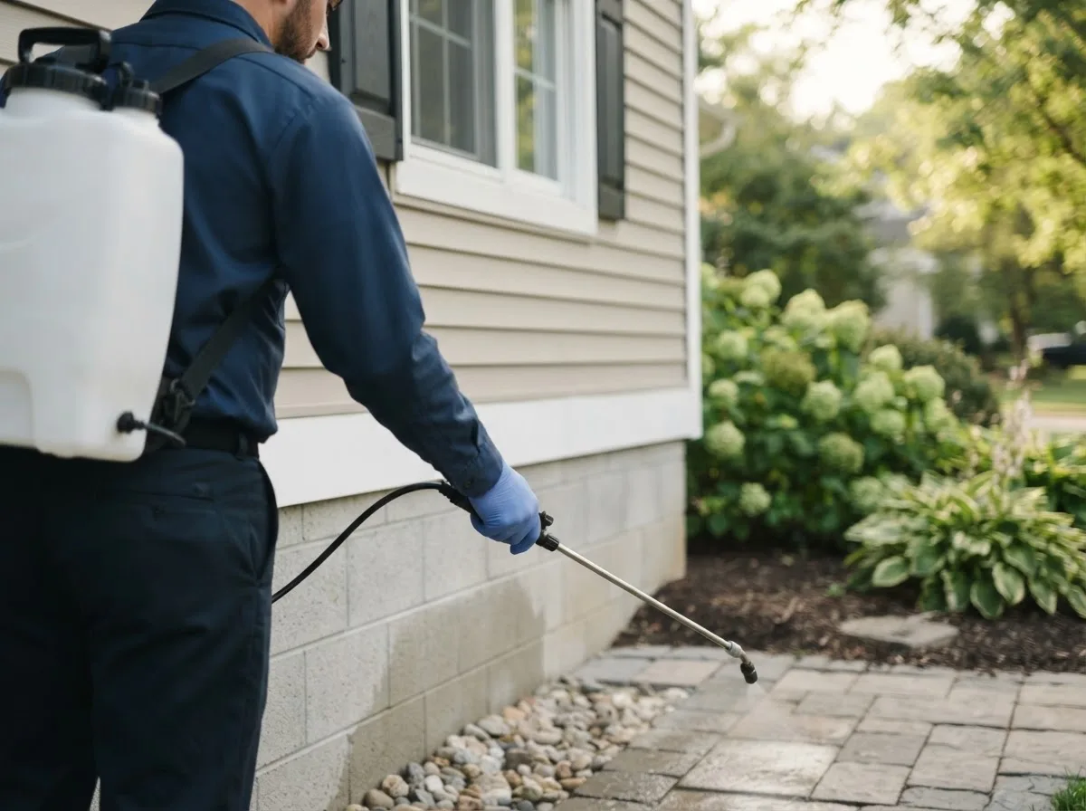 Pest control technician inspecting a home in Long Bottom, OH